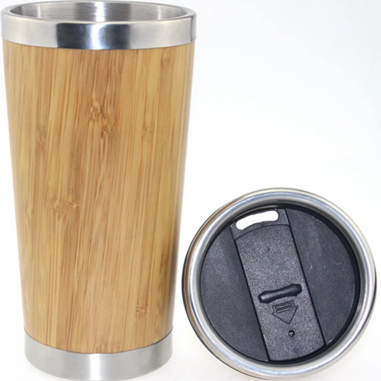 16oz Wholesale 450ml  Stainless Steel Bamboo Travel Tea Coffee Thermal Mugs Cups with Leak proof lid