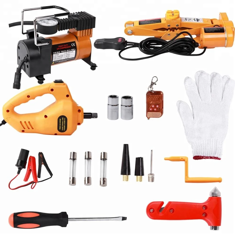 Hot Sale 3 in1 Supplier CE ISO Standard DC12V 3T Mini Electric Scissors Car Jack and Impact Wrench and Air Pump for OEM