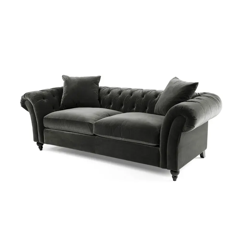 Chesterfield Modern Dark Grey Velvet Tufted Sofa & Love seat In Living Room