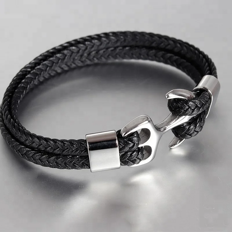 Cheap Handmade Men Leather Anchor Bracelet  Fashion Jewelry Wholesale