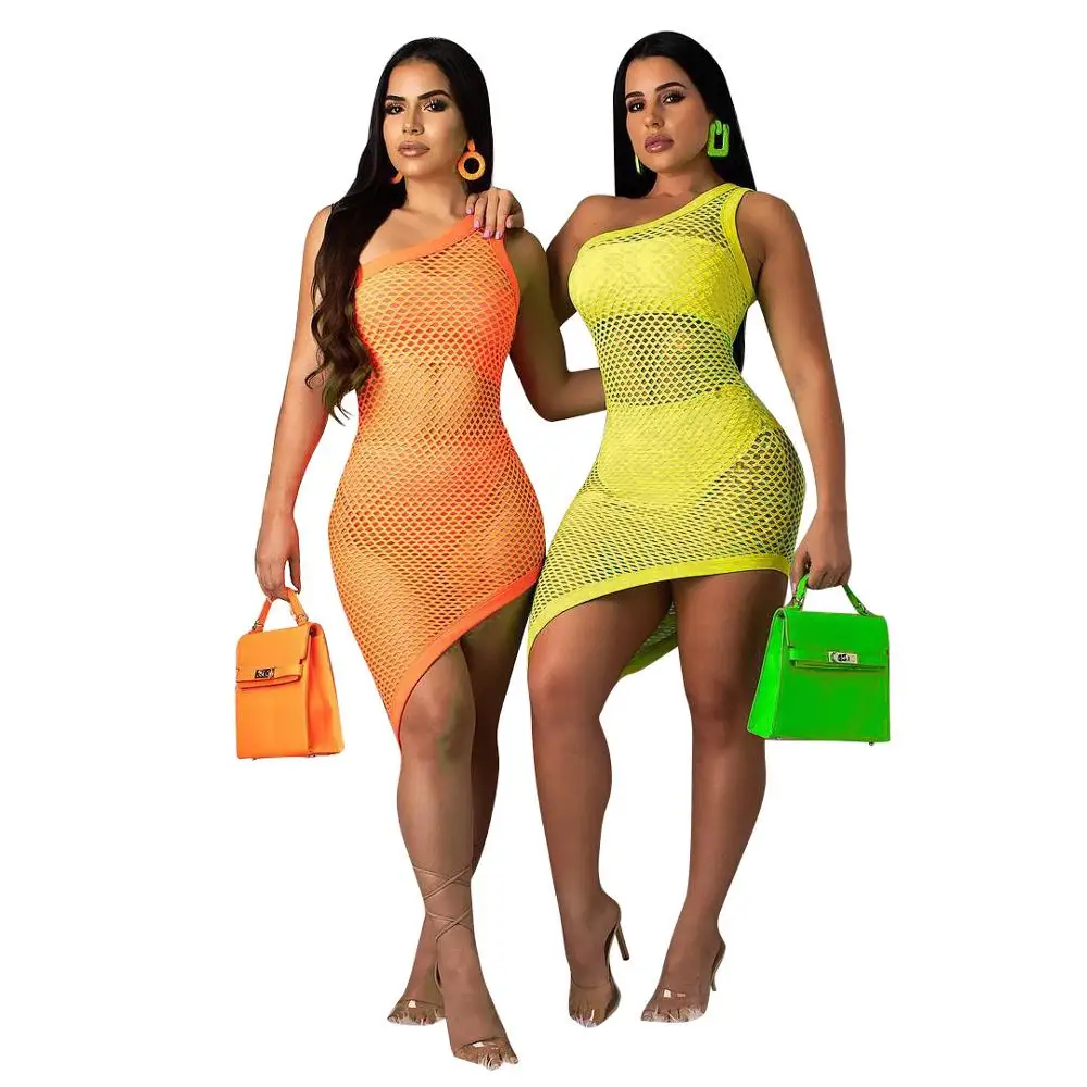 FM-CM554 Sexy Sleeveless one shoulder collar Asymmetrical hollow out Mesh perspective Club Dress