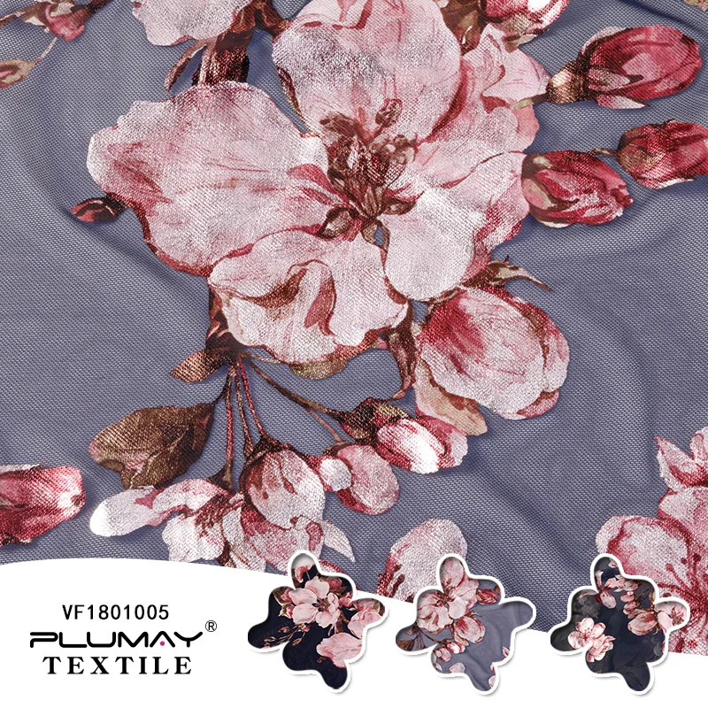
china shaoxing mesh fabric polyester digital bronze printed flower for dress garment clothing textile custom elastic fashion  (60750583666)