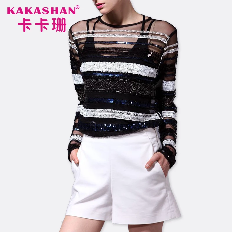 
New Design Ladies Long Sleeve See Through Mesh Beaded Sequin Blouse 