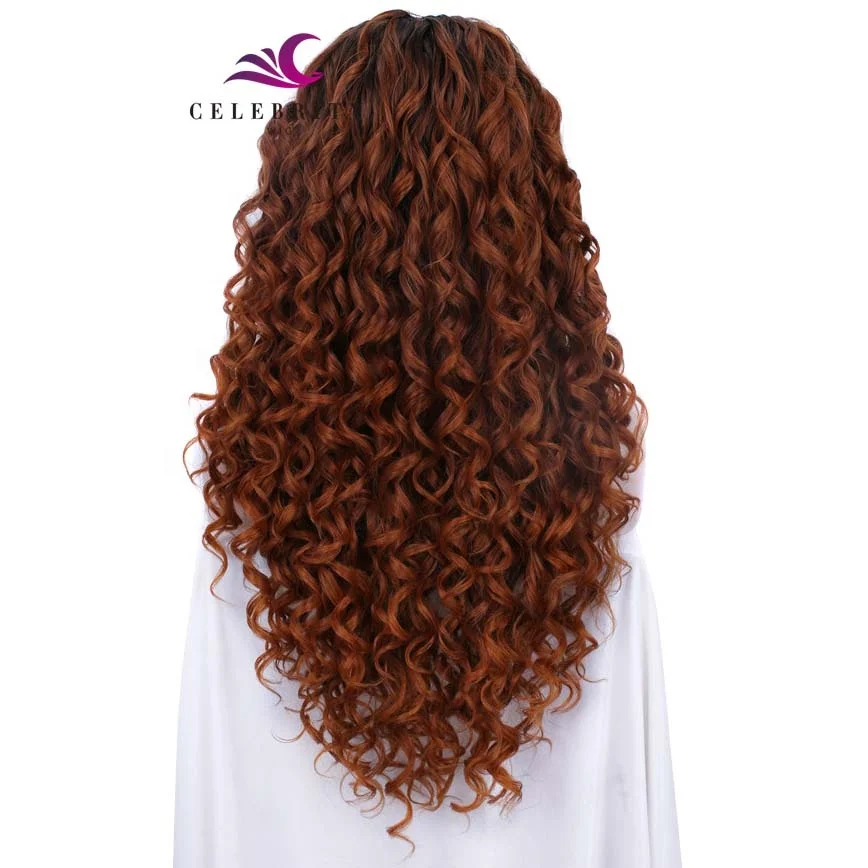 Free sample Wholesale black price Natural Brown Color Medium Kinky Curly ombre long Synthetic Hair Lace Front Wigs for women