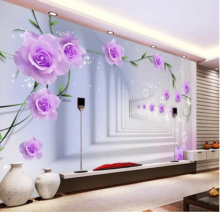 Lichtblauw Behang Elegant Photo Wallpaper Custom 3D Wall Murals Purple Flowers wallpaper Kids Bedroom Interior Design Room decor - Lichtblauw Behang