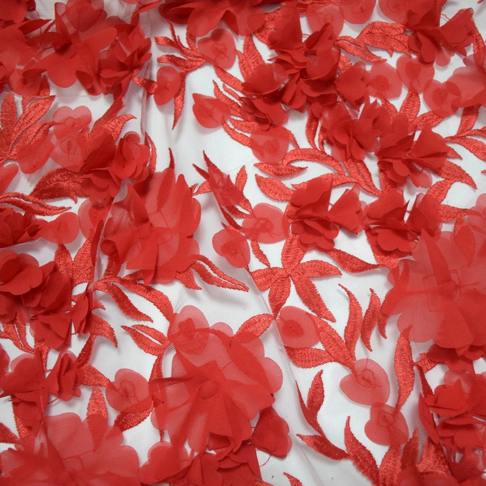 Hot sales bridal netting fabric red wedding lace 3D flower embroidery designs for lace wedding dress HY0738-2