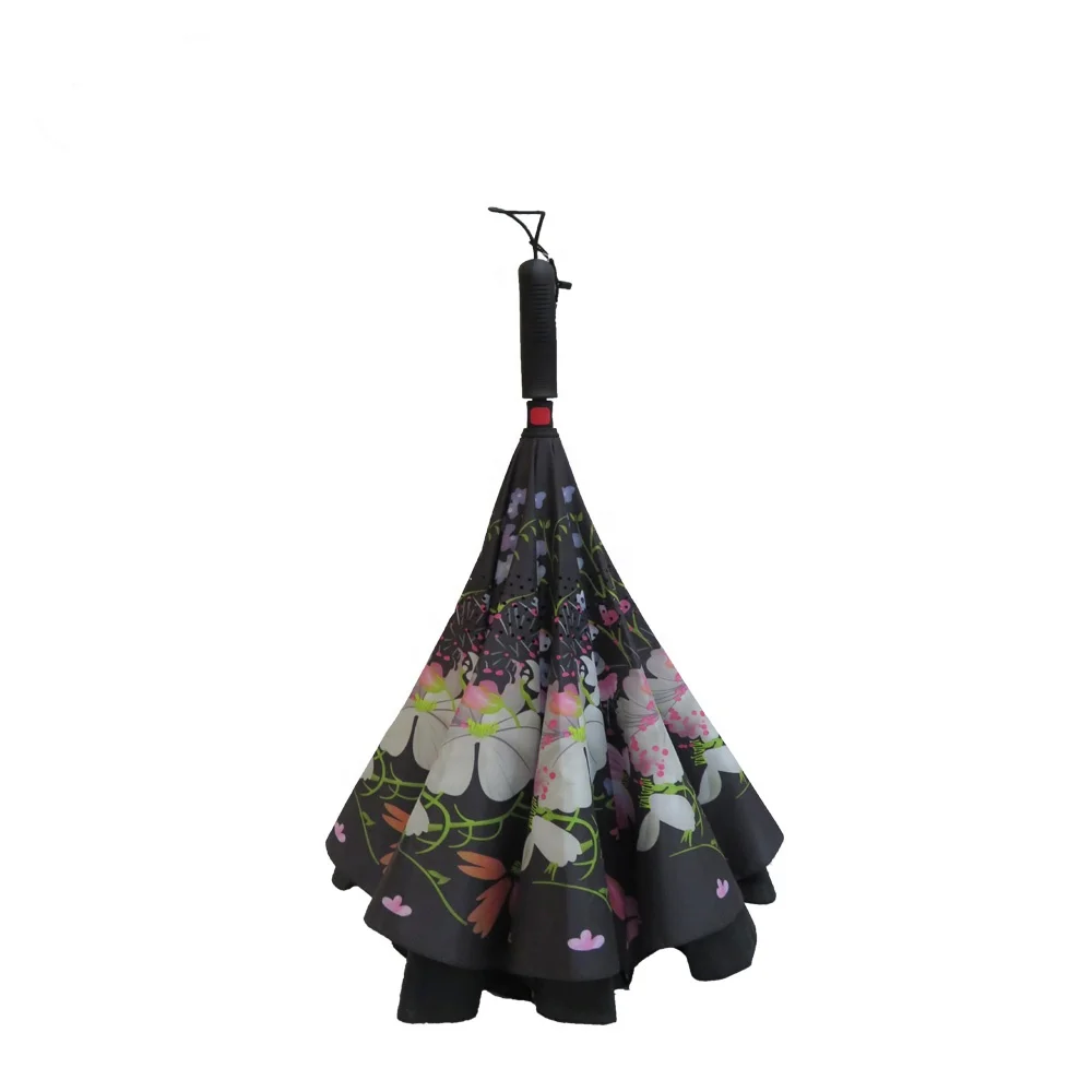 23 inch reverse flower print double layer hands free black handle umbrella