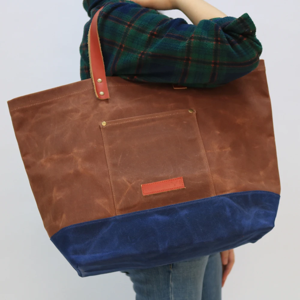 CHANGRONG Custom vintage brown waxed leather canvas large tote bag for travel