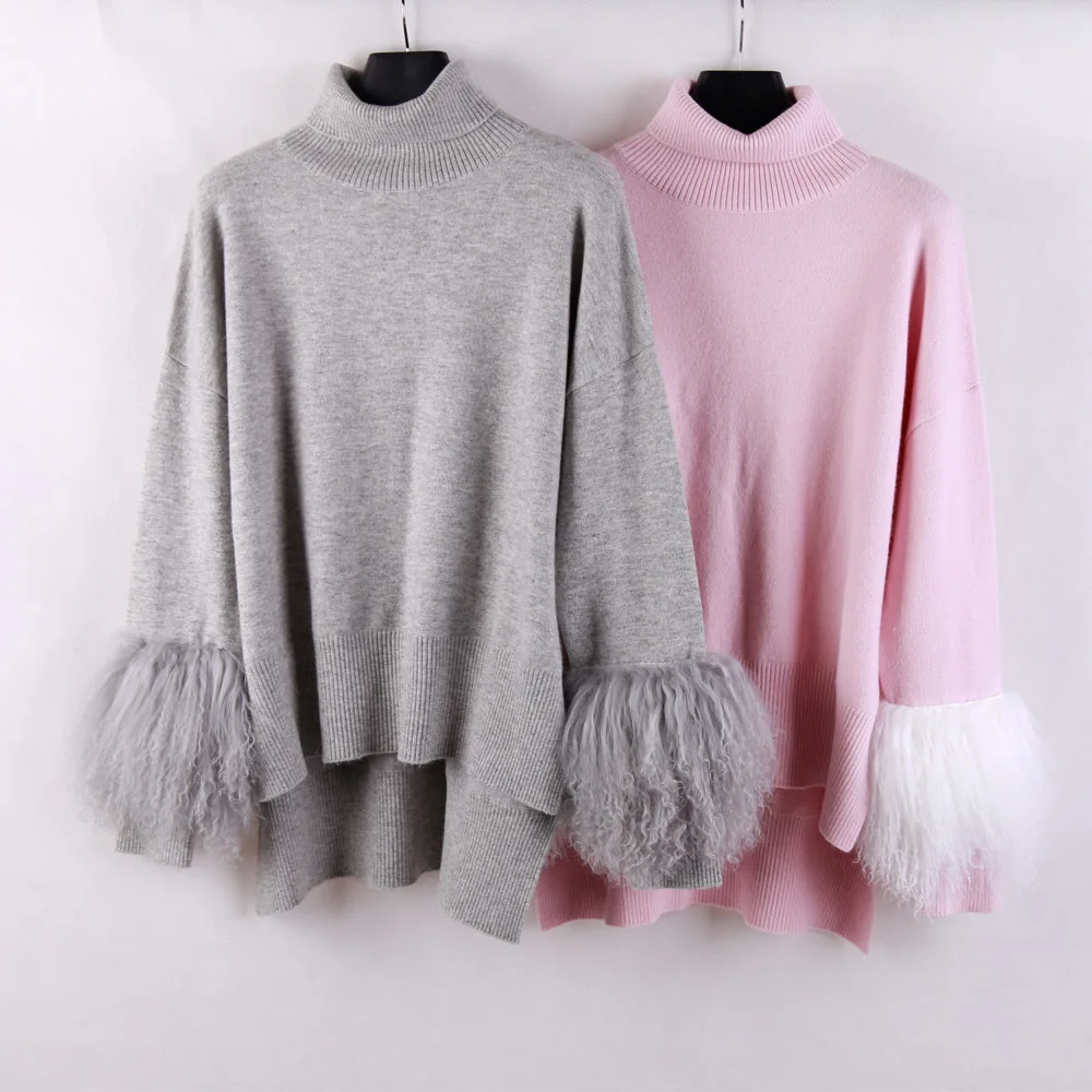 Hot Sale Winter Turtleneck Pullover  Women Turtle Neck Woolen Knit Poncho Sweater With Fur Sleeves