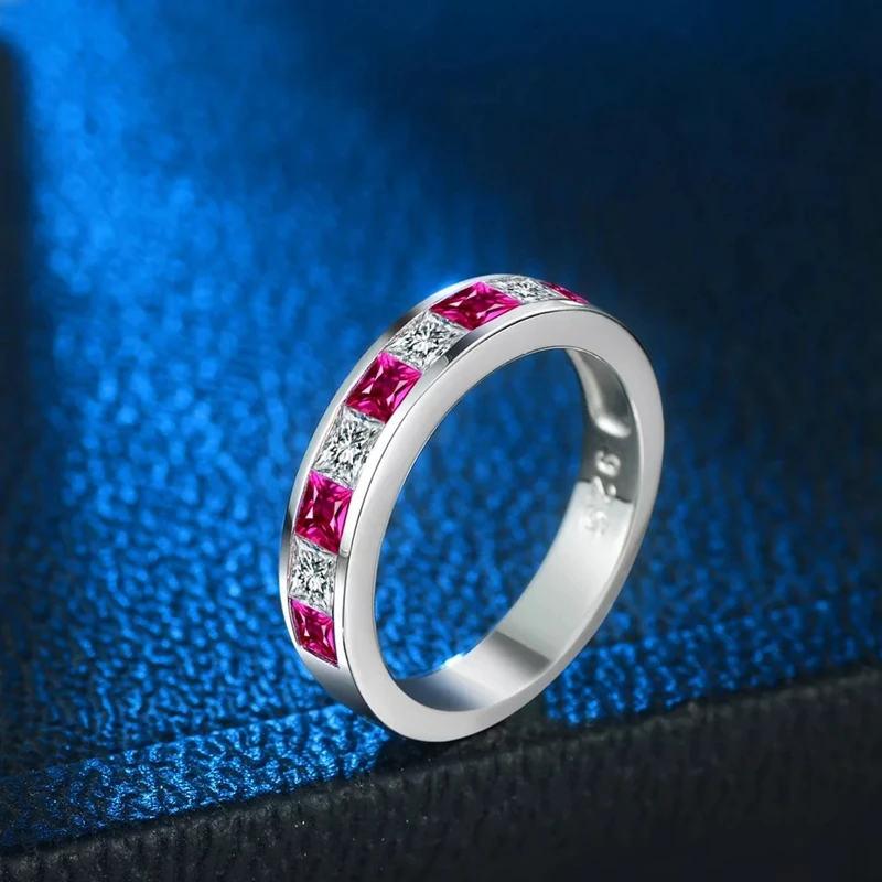 custom design 925 sterling silver red sapphire square stone rings women ladies sapphire channel set  stacking rings