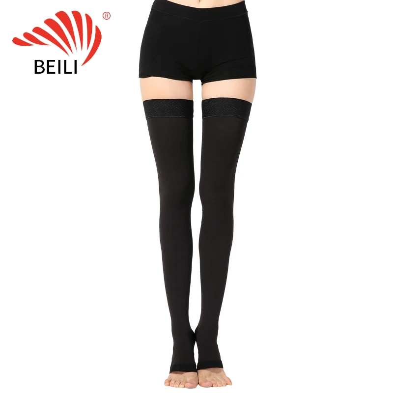 OEM anti varicose veins medical thigh high open toe beige black compression stockings with best price