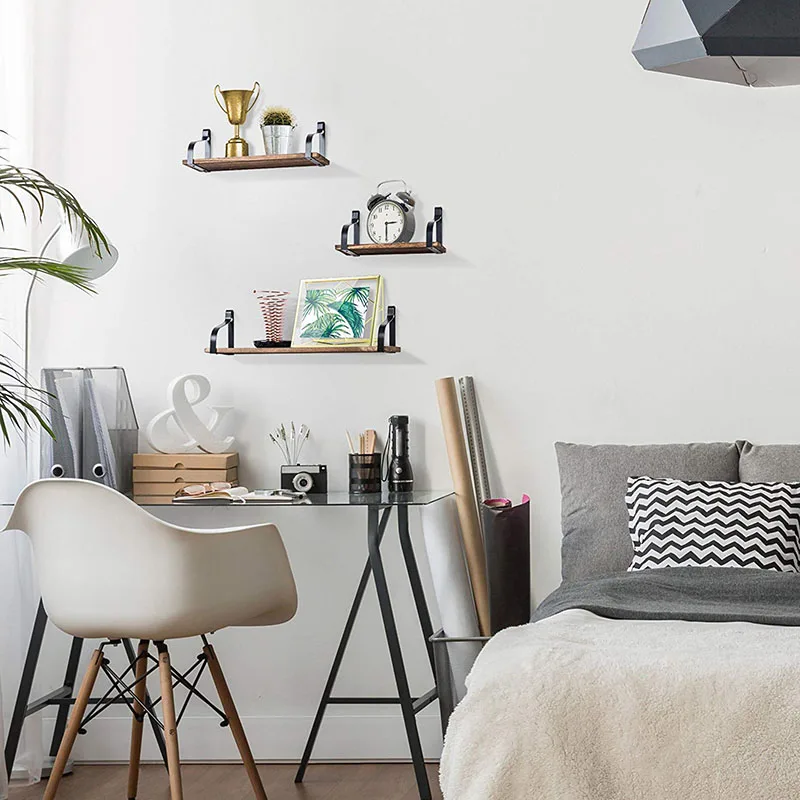 Floating Shelves Wall Mounted Set of 3 DIY creative floating rustic wood shelf metal wall shelves for Bedroom, Living Room