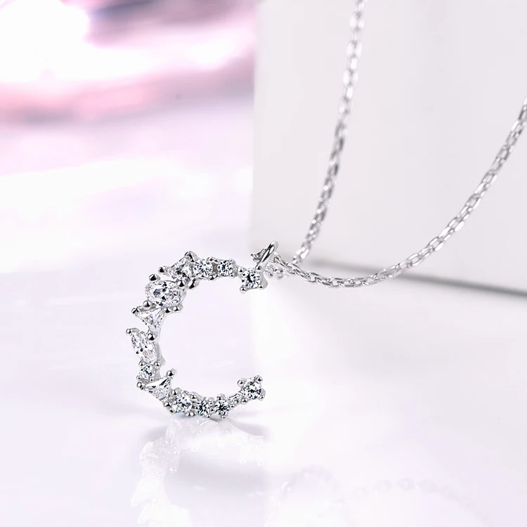 Zircon Crescent Moon Pendant Necklace for Women 925 Sterling Silver Jewelry