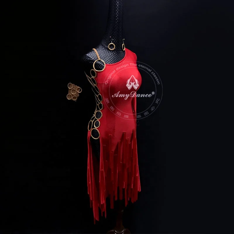 
Sexy one shoulders dew waist split rhinestones girls latin dance dresses competition red latin dance costume 