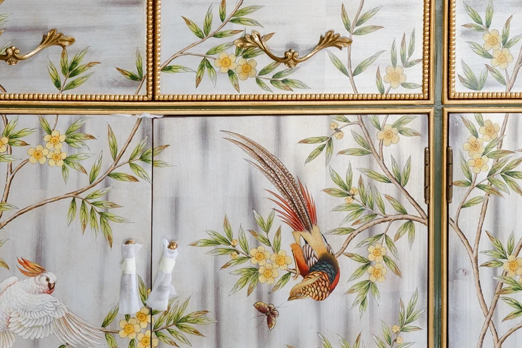 Antique hand painted vintage rustic china country classic furniture solid wood living room cabinet