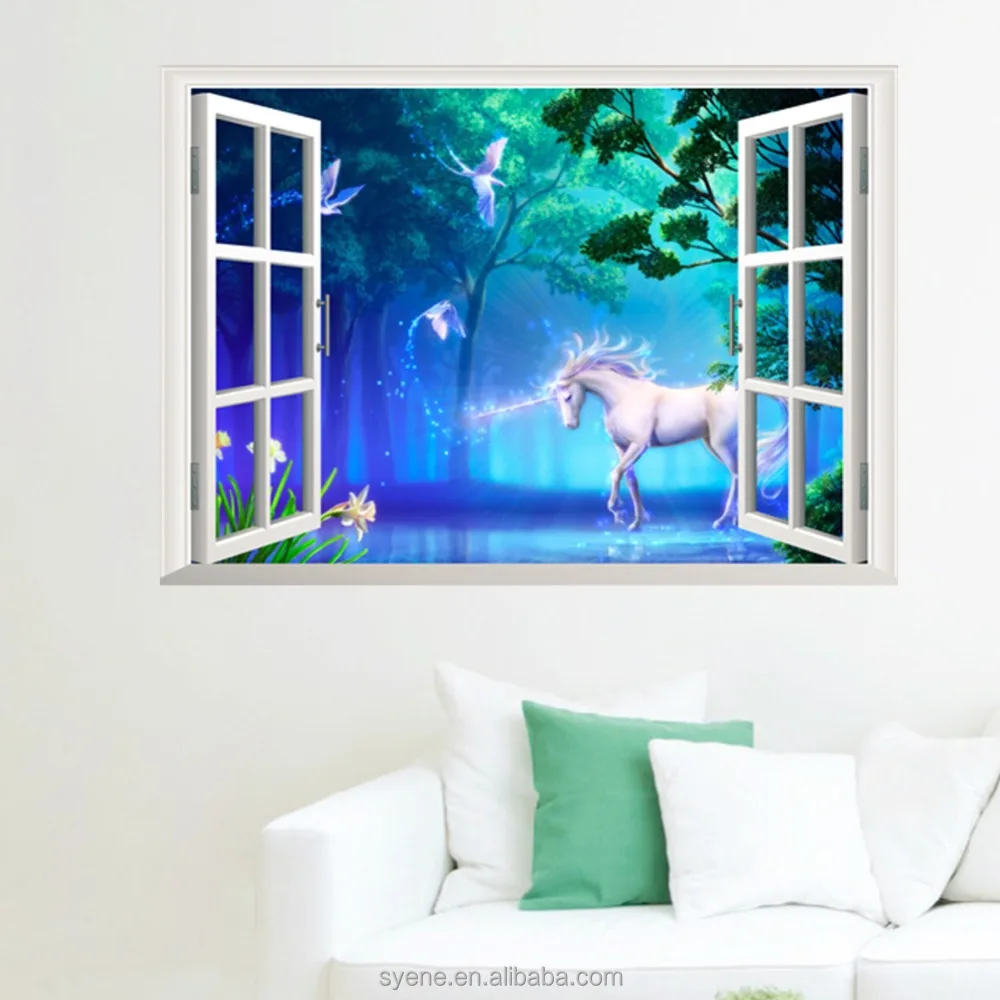 Syene 5d home decor pvc unicorn wall sticker hot natural beautiful wallpaper fake window wall decals home decor