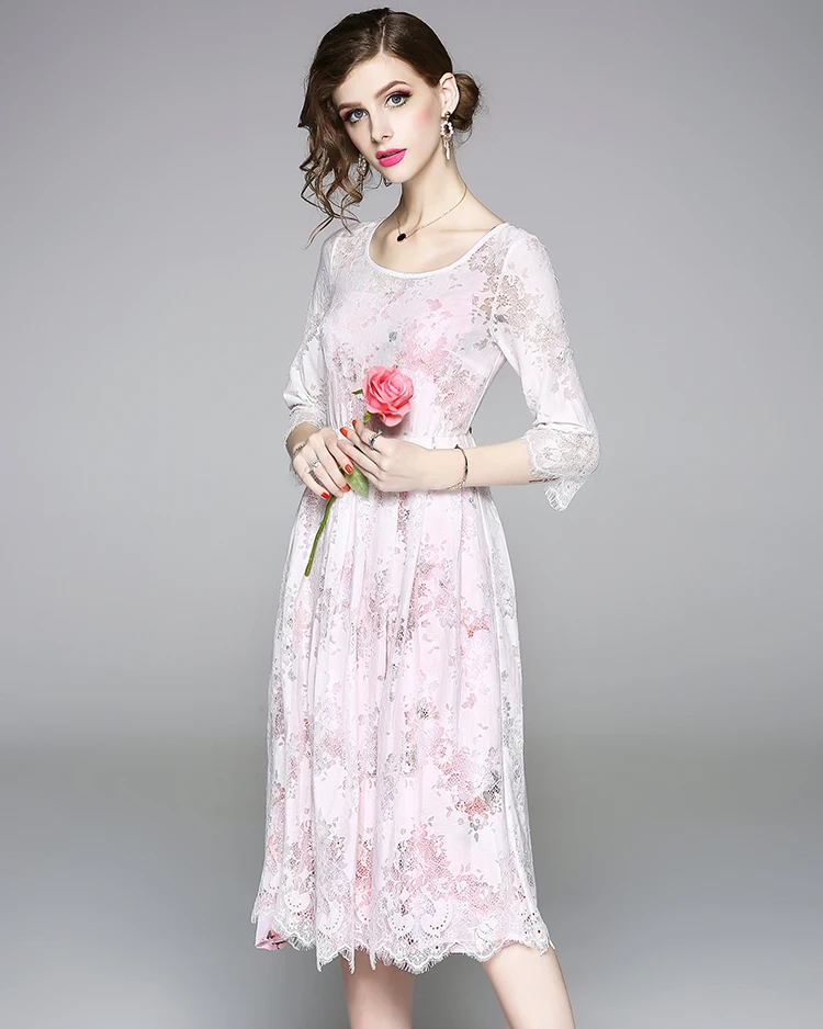 
Wholesale M to XXL Women Fashion Three Quarter Sleeve Print Chiffon Tank Dress with Elegant A Line Lace Dress Twinset 