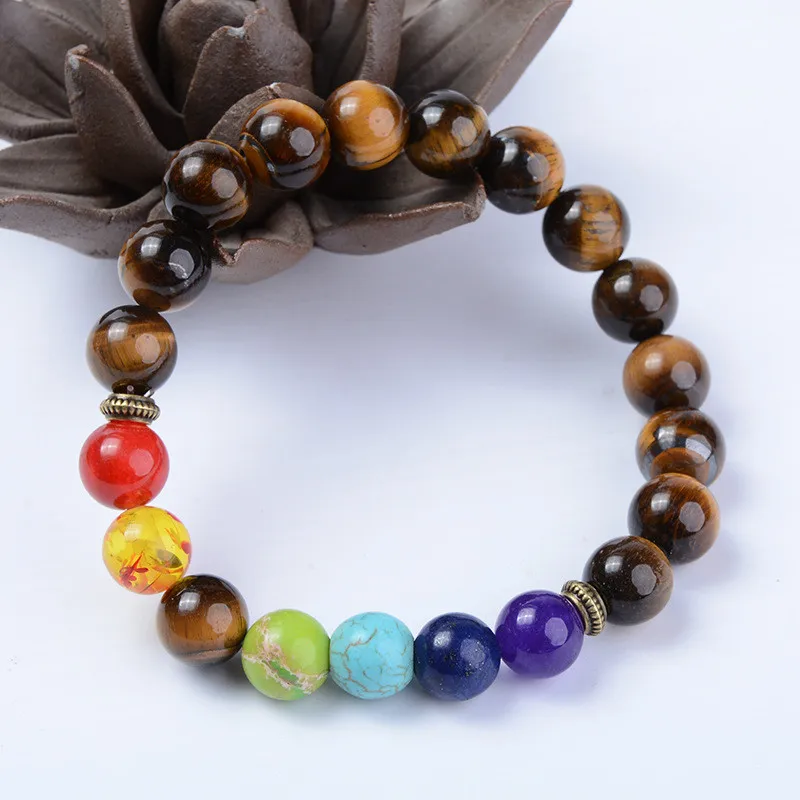 Custom stone bead bracelet wholesale 10mm volcanic stone tiger eye natural stone bead 7 chakra bracelet