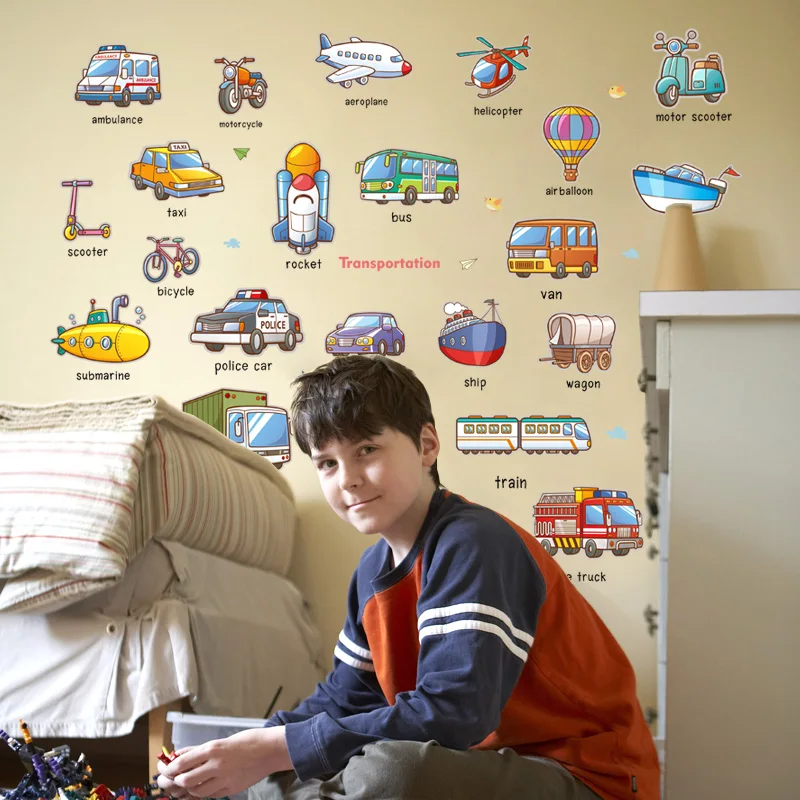 Kids Cartoon Mixed  Learning English Name Way of Transport Cars/Plane/Ship/Truck/Bus Children Kids Room Decoration Sticker