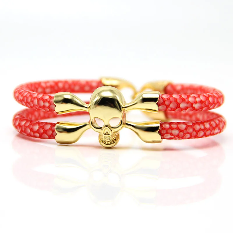 Wholesale Punk Cool Genuine Lovely Leather Skull Stingray Statement Bracelet African