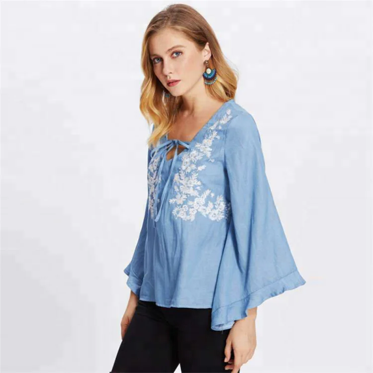 Women Long Sleeve Blue Embroidered Blouse