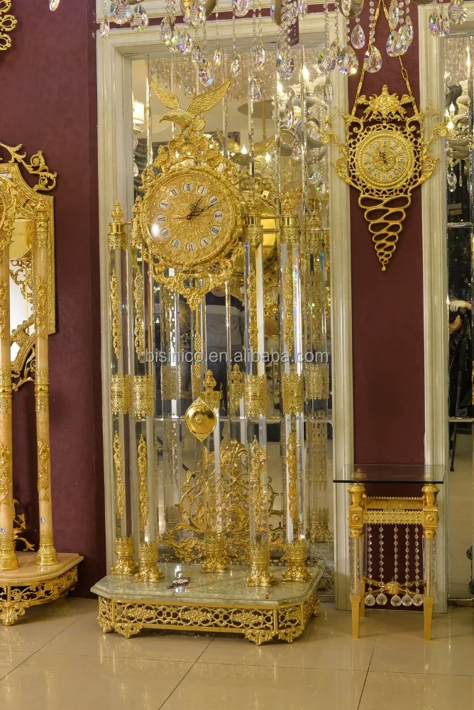 Royal Palace Italy Antique 24K Gold Plated Bronze Floor Clock Brass Mounted Crystal and Marble Grandfather