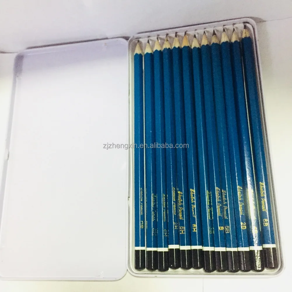 Custom Blue Sketching Drawing Pencil 2H H F B 2B 3B 4B 5B 6B 7B 8B HB Wooden with White Black Dippped Top Standard Pencils Wood