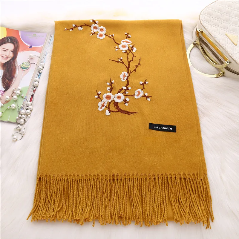 Factory Wholesale Tassel Floral Embroidered Cashmere Scarf Pashmina