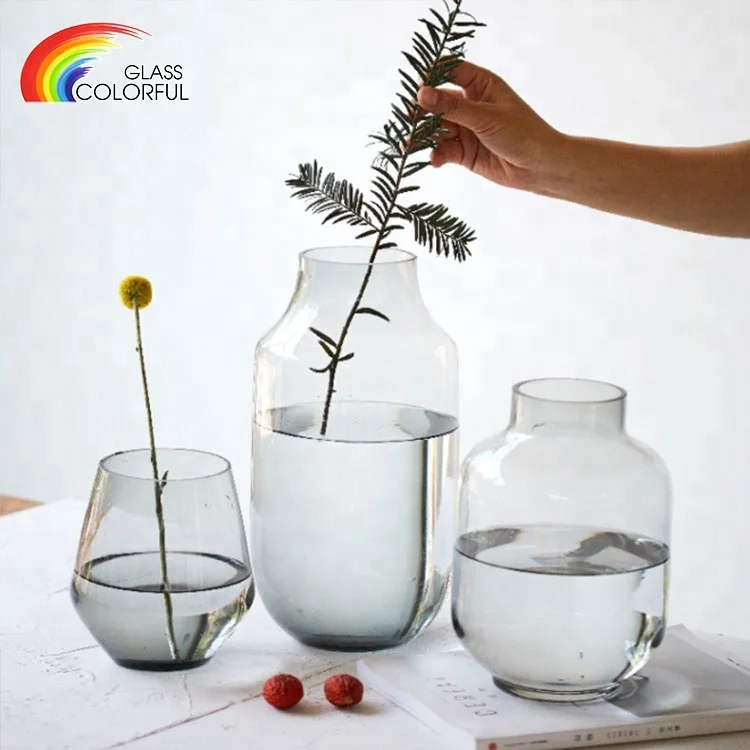 Mouth blown grey hand blown colored glass vase simple design for wedding home party decoration