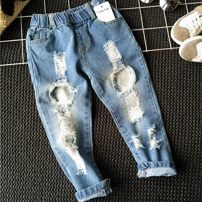 
YY10157G Girls kids ripped long pants jeans washed light blue jeans 