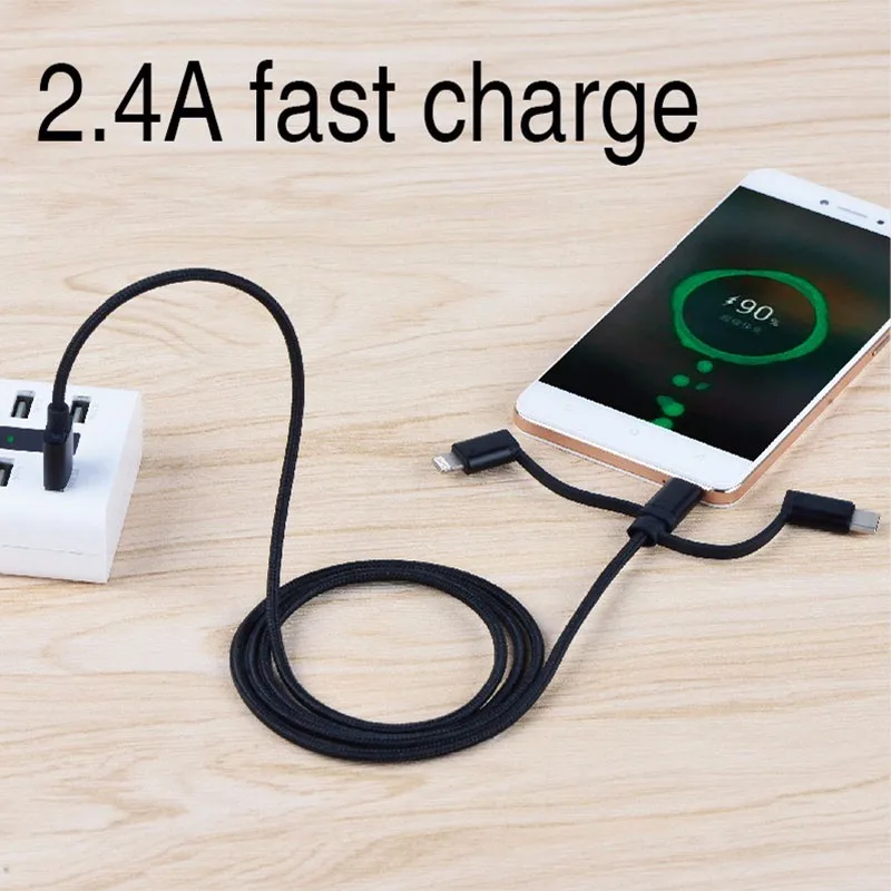 3B5A Nylon Braided 3in1 Mobile Phone USB Fast Charger Data Cable Type C Micro USB MFI Certified with Lighting for Iphone Apple