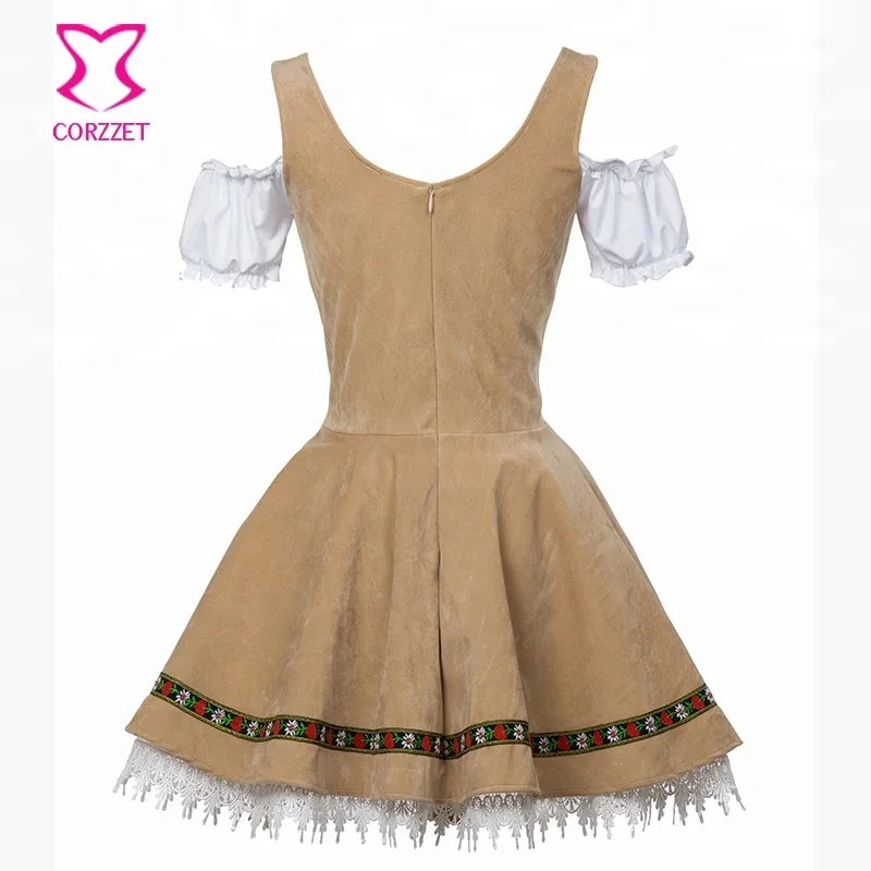 Corzzet Modern Apricot Deutsch Traditional Dirndl with Offer Shoulder Classic Oktoberfest Maid Costume Halloween Cosplay Uniform