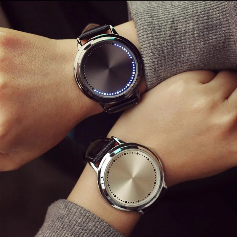Creative Personality Leather Waterproof LED Watch Men And Women Couple Watch Smart Electronics Casual Watches