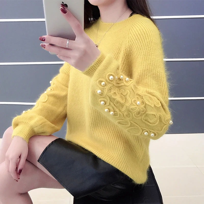 Hot sale fashionable pink lady plus size beading women super soft warm pullover sweater