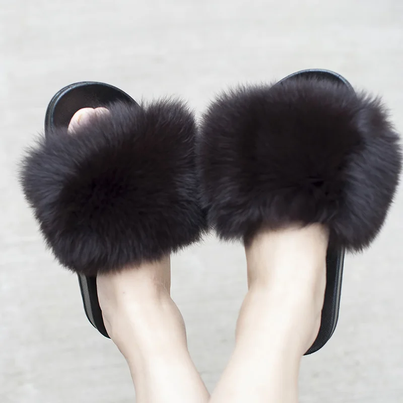 CX-A-70B Factory Wholesale Long Hair and Soft Real Fox Fur Slides for Women