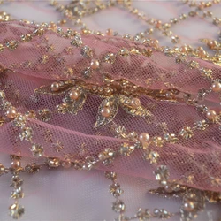 HLSD184# recycled polyester hand beaded mesh tulle sequin bead embroidery lace fabric