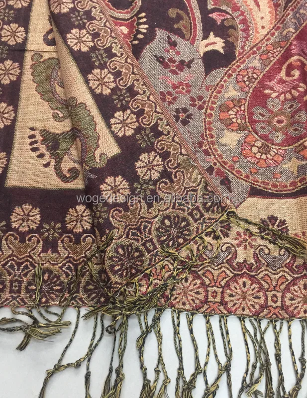Womens dress shawl jacquard paisley floral polyester acrylic turkish golden lurex shine pashmina scarf