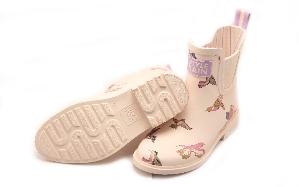 beige cream color bird printed girls soft comfortable warm winter waterproof shoes garden use antislip outsole rain boot wellies