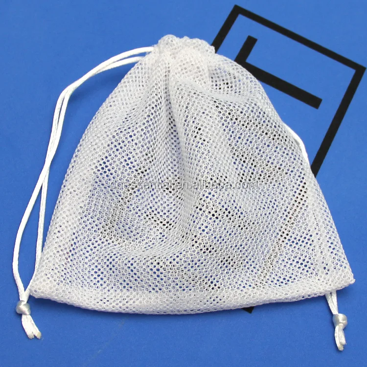 Small nylon cheap drawstring mesh net pouch bag with customized woven label