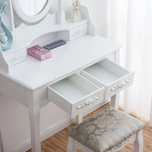 Furniture Dressing Table 4-Drawer Makeup Dresser Set with Stool & Oval Mirror