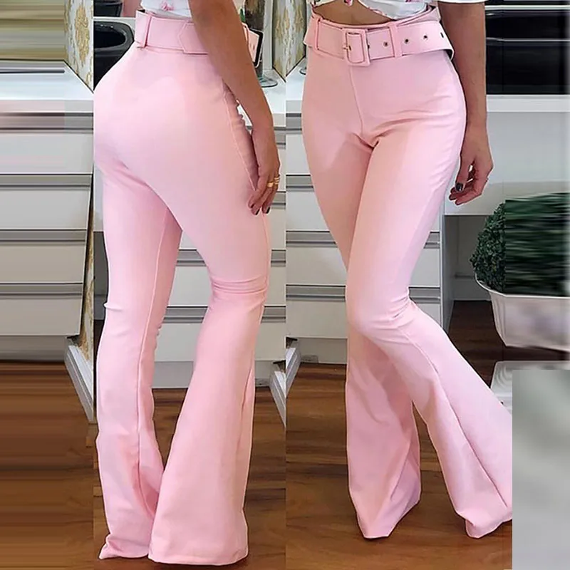 women solid polyester High Waist Bell-Bottom Casual long  flare leg Pants Flat front  waist belt  front zip fly full length