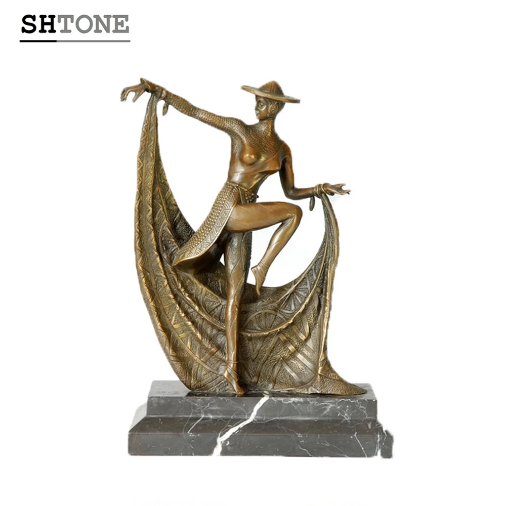 SHTONE Female Metal Figurines TPE-172 Dancing Lady Folk Art Home Decor Bronze Statue Sculpture