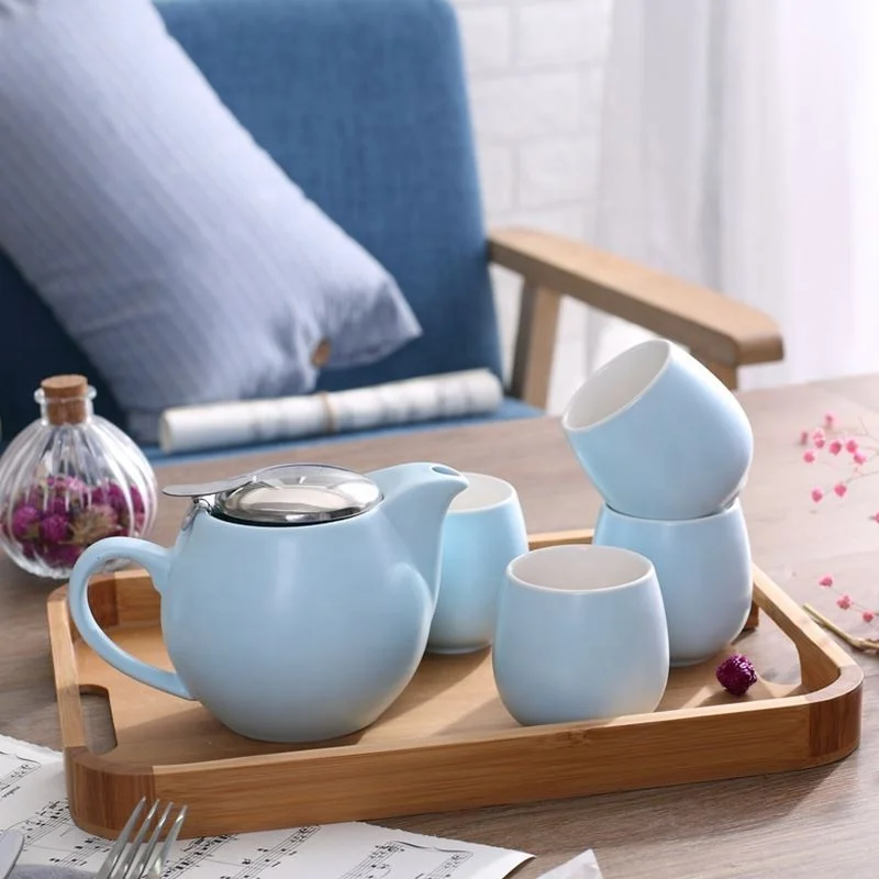 High Quality Nordic Design Matte Ceramic Pink Tea Pots And 4 Tea Cups Set And Saucer
