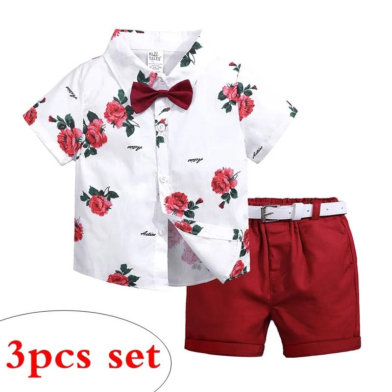 
2019 Summer Boys Clothing Sets Children Clothing Set Kids Boy Clothes Flower Tie Shirts + Shorts + belts 3PCS 