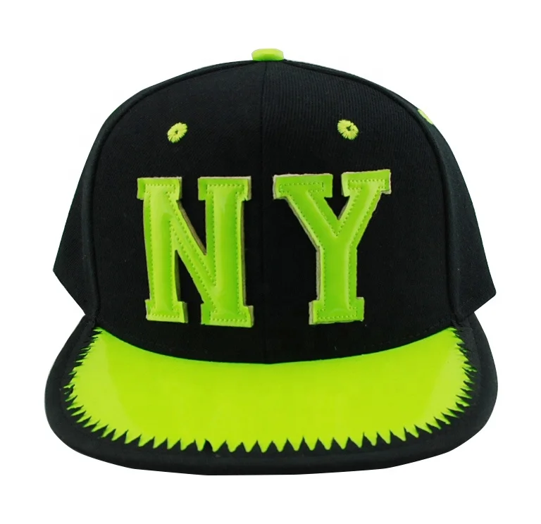 
100% cotton 6 panel NY Neon Felt Applique Flat Bill Cap 
