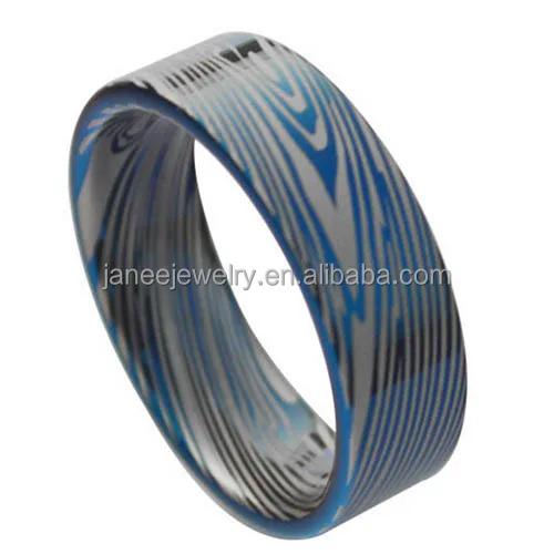 8mm Polished Custom Made Damascus Steel Texture Engraved Blue Tungsten Ring for Men
