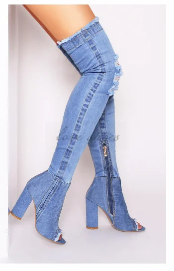 denim boots Over the knee Cut-out women Long Boots High Heels Sexy Thigh High Boots Jeans Denim Rome peep toe Sandal