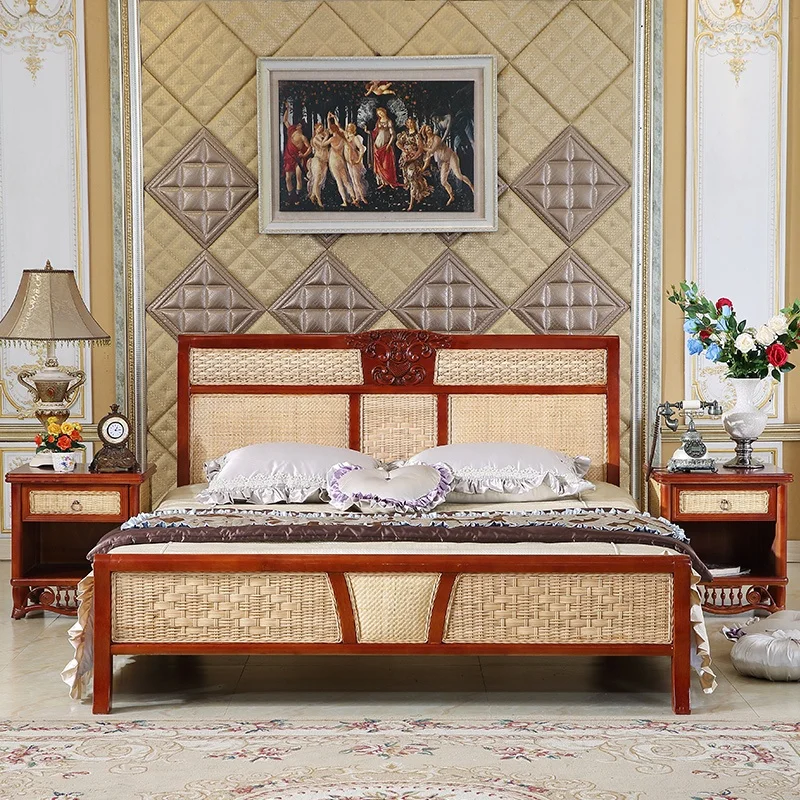 Sample Nice Design Home Furniture Cane Wood Hand Carved Bed Set