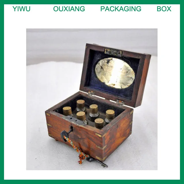 Antique Hand Crafted Wooden 6 Glass Perfume Bottles Box