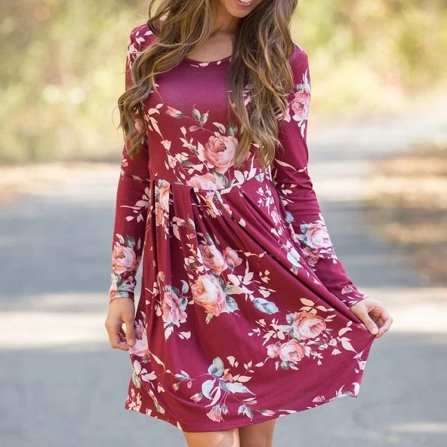 Wholesale autumn hot sale  long sleeve floral printed tunic drape t-shirt dresses for women